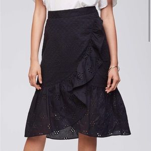 LOFT Spring eyelet ruffle hem midi skirt. Color black, size 8. Never worn!